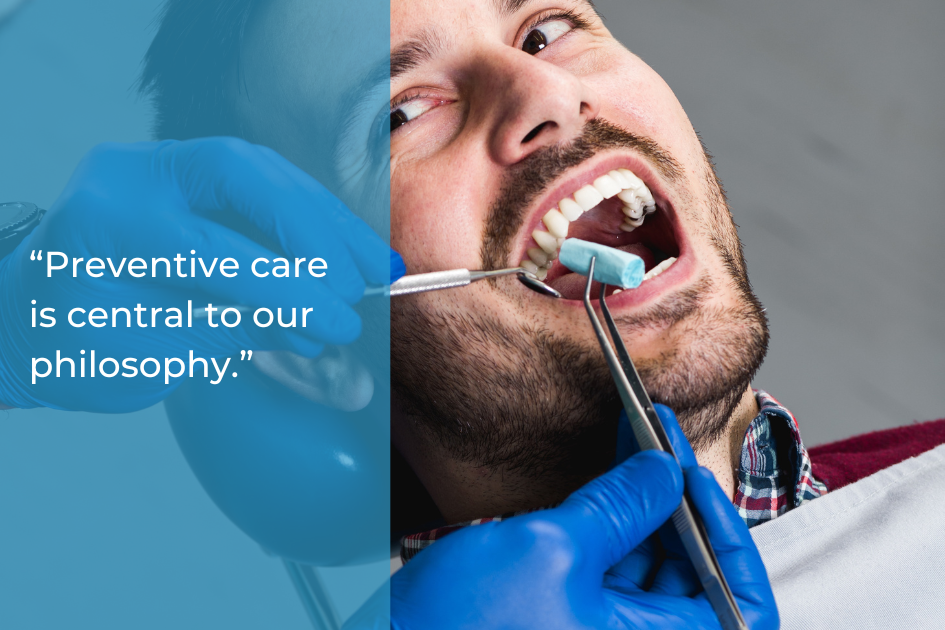 A dentist wearing blue gloves examines a male patient’s teeth with dental tools. Text overlay reads: “Preventive care is central to our philosophy at Cedar Park Premier Dentistry.”.