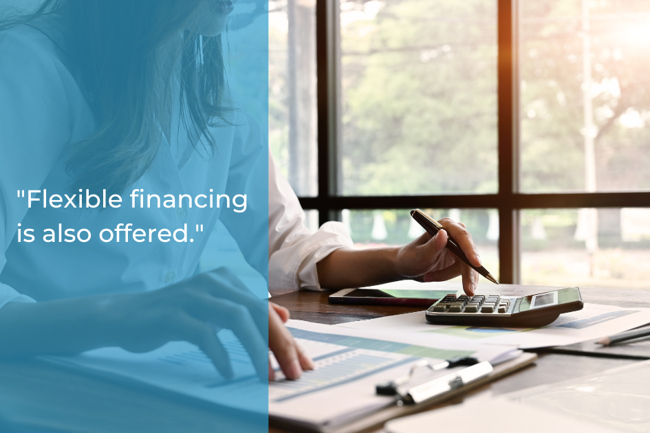 A person uses a calculator and pen at a desk with documents; text overlay reads, "Flexible financing is also offered at Cedar Park Premier Dentistry for your family oral health.