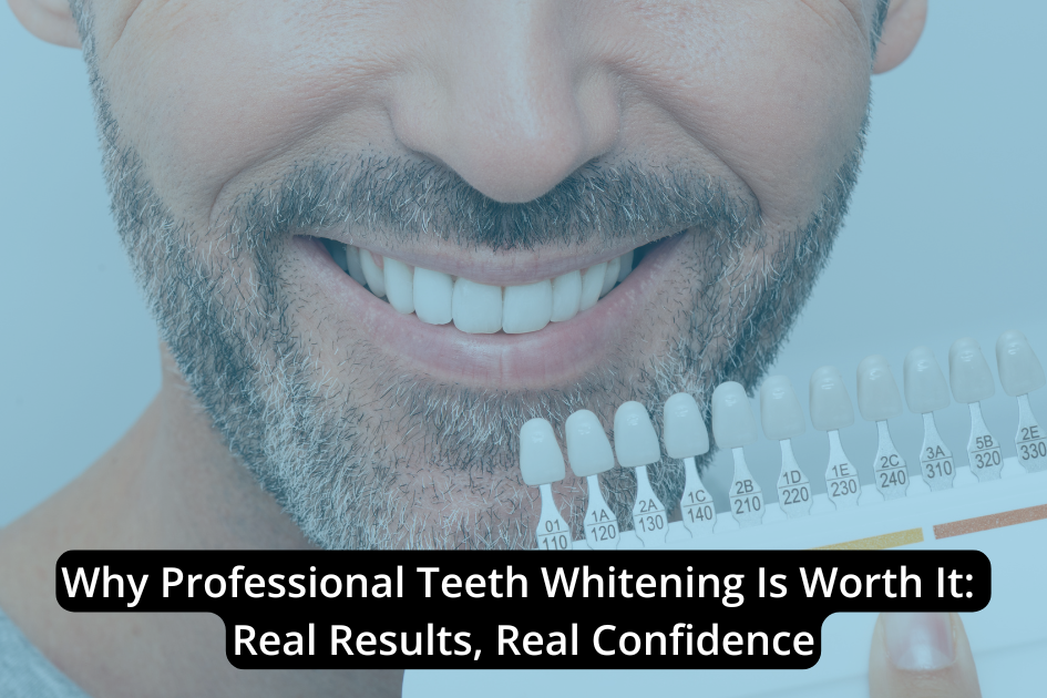 Close-up of a smiling man holding a teeth shade guide next to his mouth, illustrating the results of professional teeth whitening.