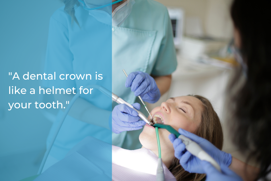 A dentist and assistant in gloves work on a female patient's teeth in a clinic; a quote about dental crowns and bridges appears on a blue overlay, highlighting their role in restoring a healthy smile.