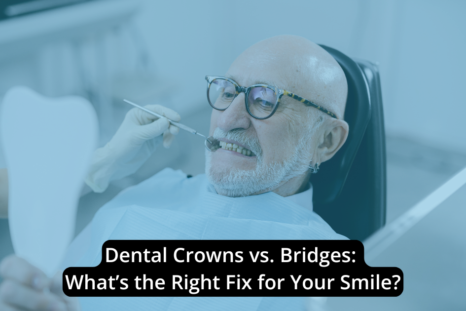 An older man at a dental clinic sits in a chair, holding a mirror while a dentist examines his teeth with a tool. Text reads: "Dental Crowns vs. Dental Bridges: What’s the Right Fix for Your Smile?.