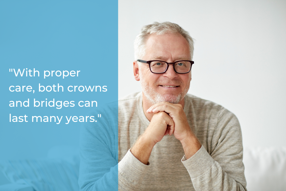 An older man with gray hair and glasses sits smiling with his hand on his chin. Beside him is text about how Dental Crowns and Bridges can last many years with proper care.