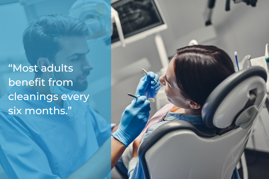 A dentist examines a woman in a dental chair; text overlay states, “Most adults benefit from dental cleaning every six months.”.