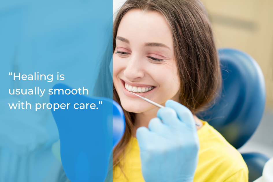 A dentist in blue gloves examines a smiling young woman’s teeth—possibly checking for wisdom teeth—while she sits in a dental chair; a quote about healing is displayed on the left side.