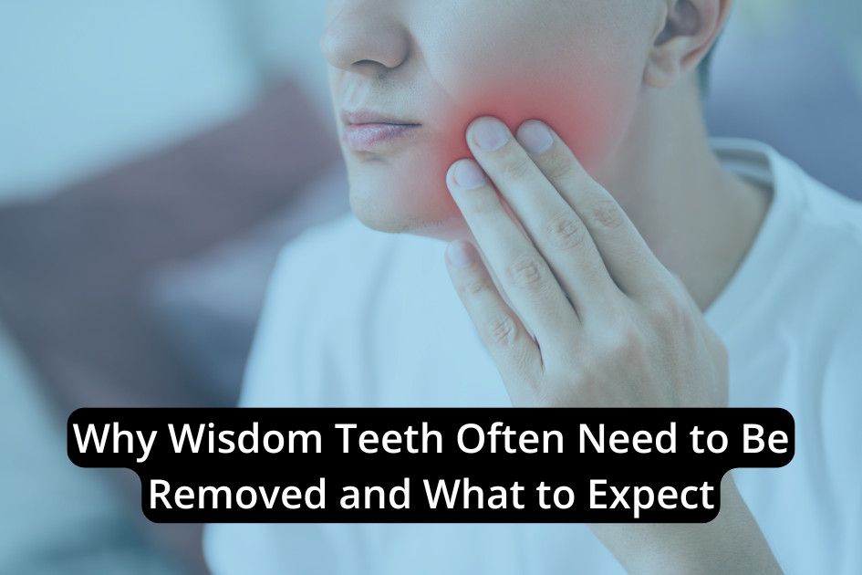 A person touches their cheek with a painful expression, highlighting discomfort in the jaw; text overlay discusses wisdom teeth and what to expect during removal.